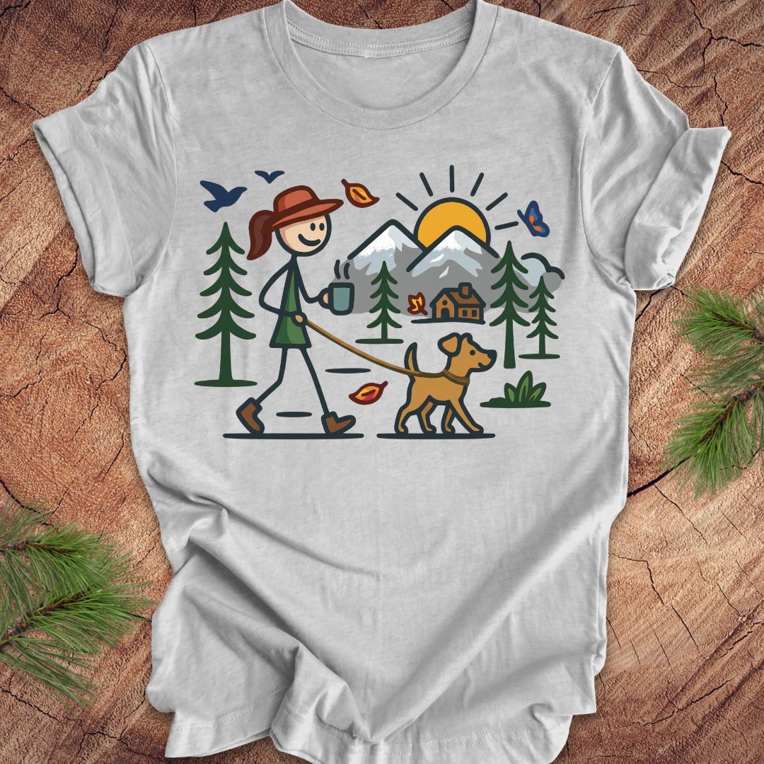 Gray t-shirt with a graphic of a person walking a dog in a forest on a wooden surface.