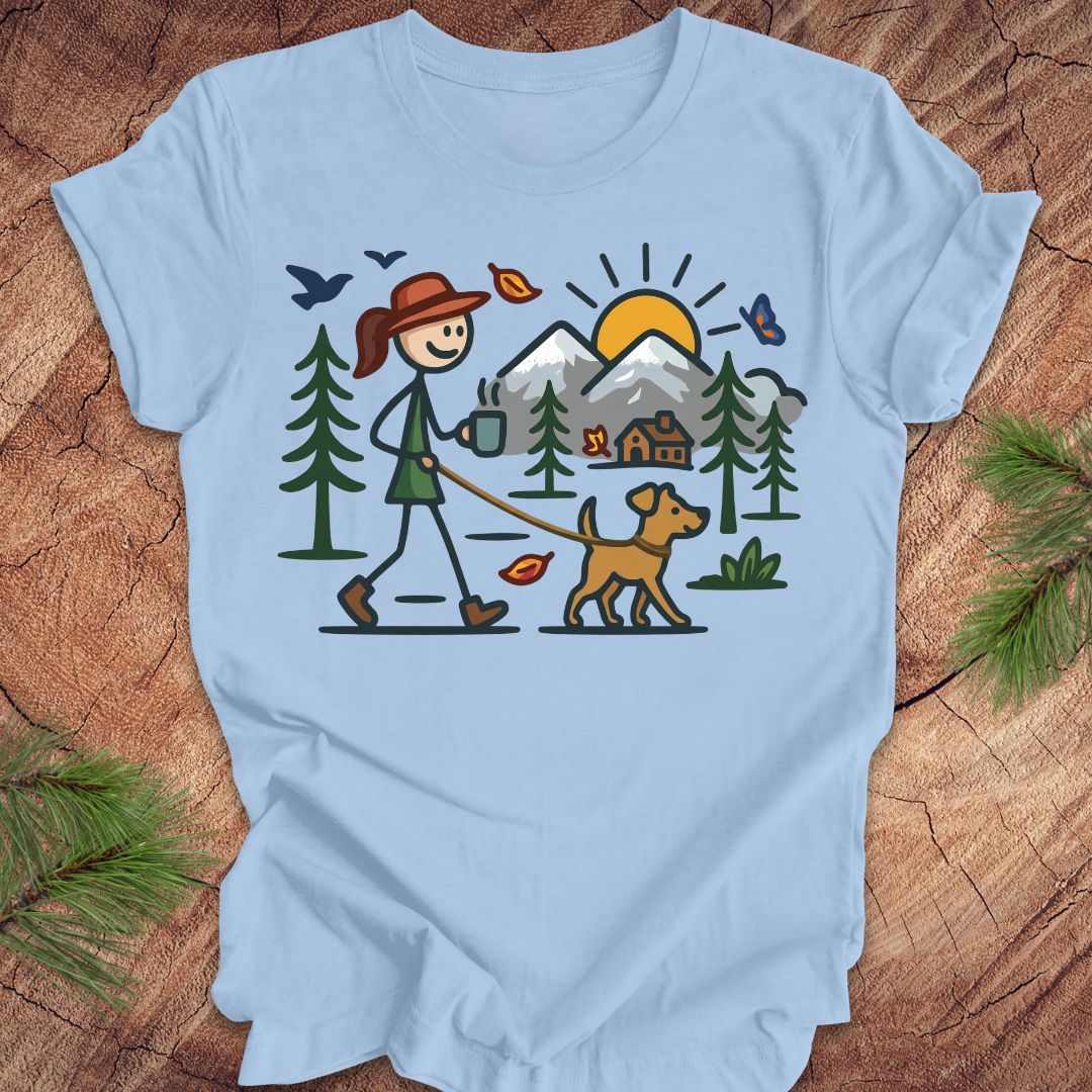 Baby blue t-shirt with a graphic of a person walking a dog in a forest on a wooden surface.