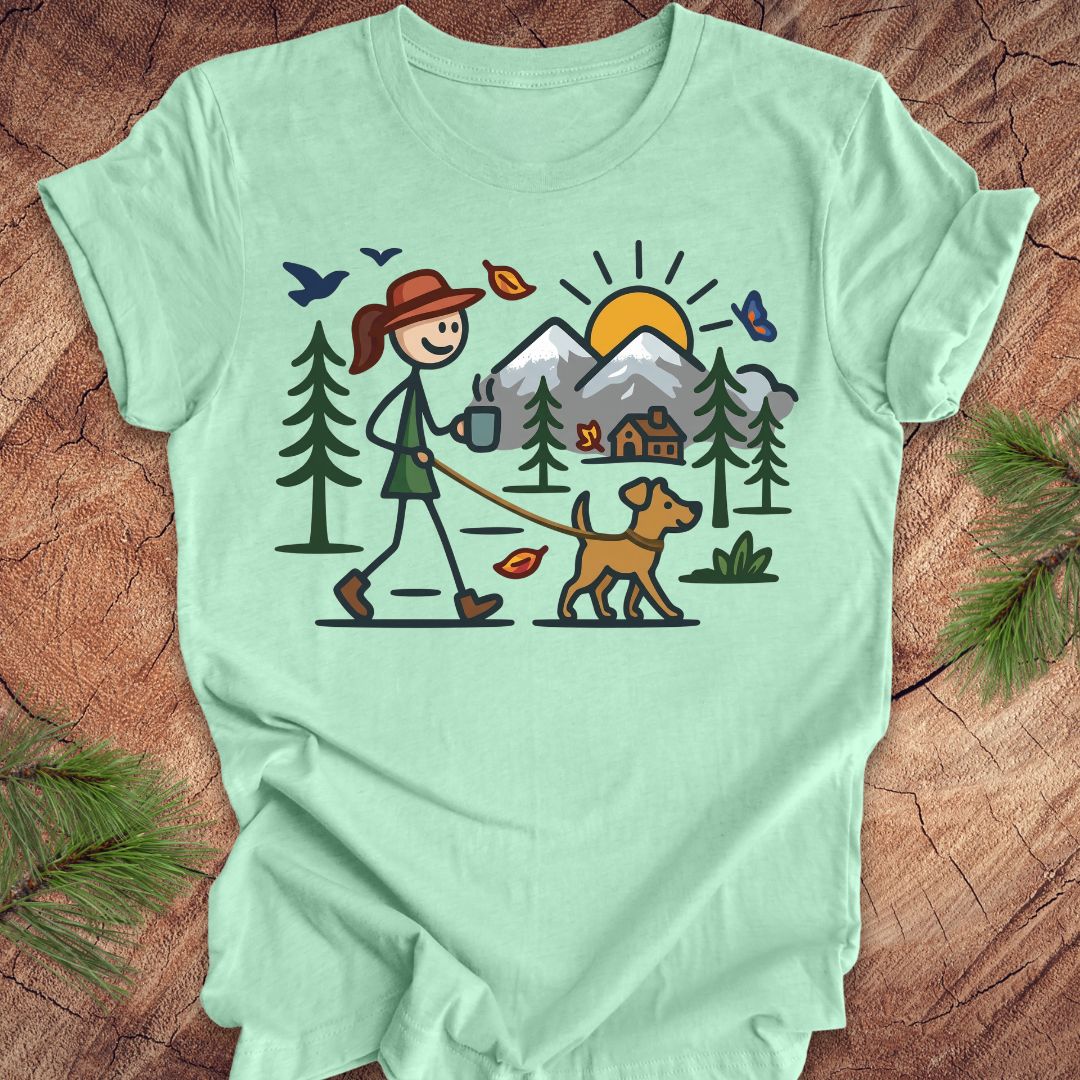 Mint green t-shirt with a graphic of a person walking a dog in a forest on a wooden surface.
