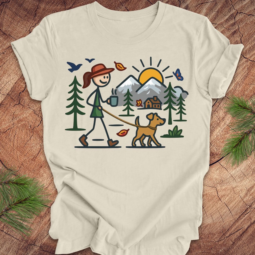 Beige t-shirt with a graphic of a person walking a dog in a forest on a wooden surface.