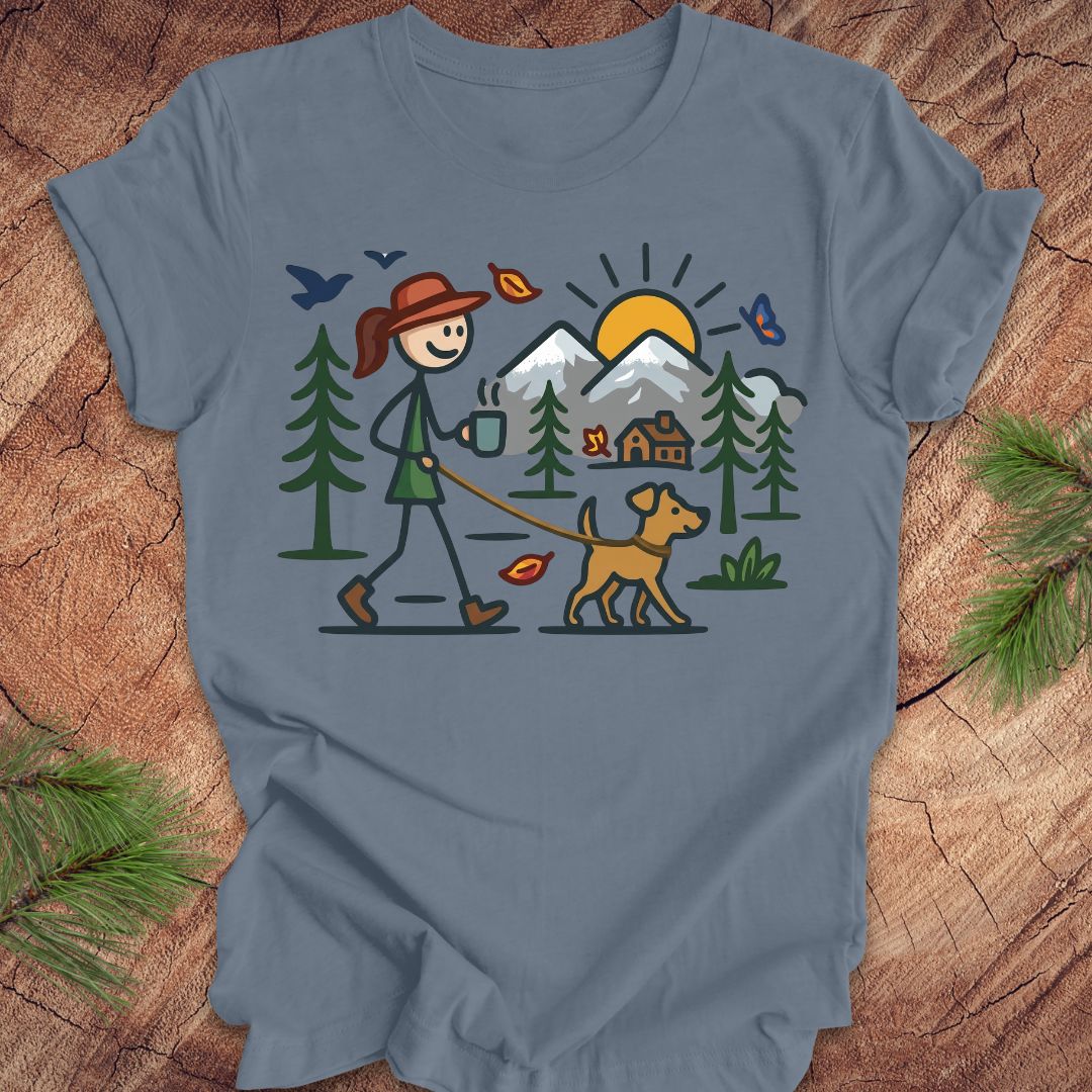Blue t-shirt with a graphic of a person walking a dog in a forest on a wooden surface.
