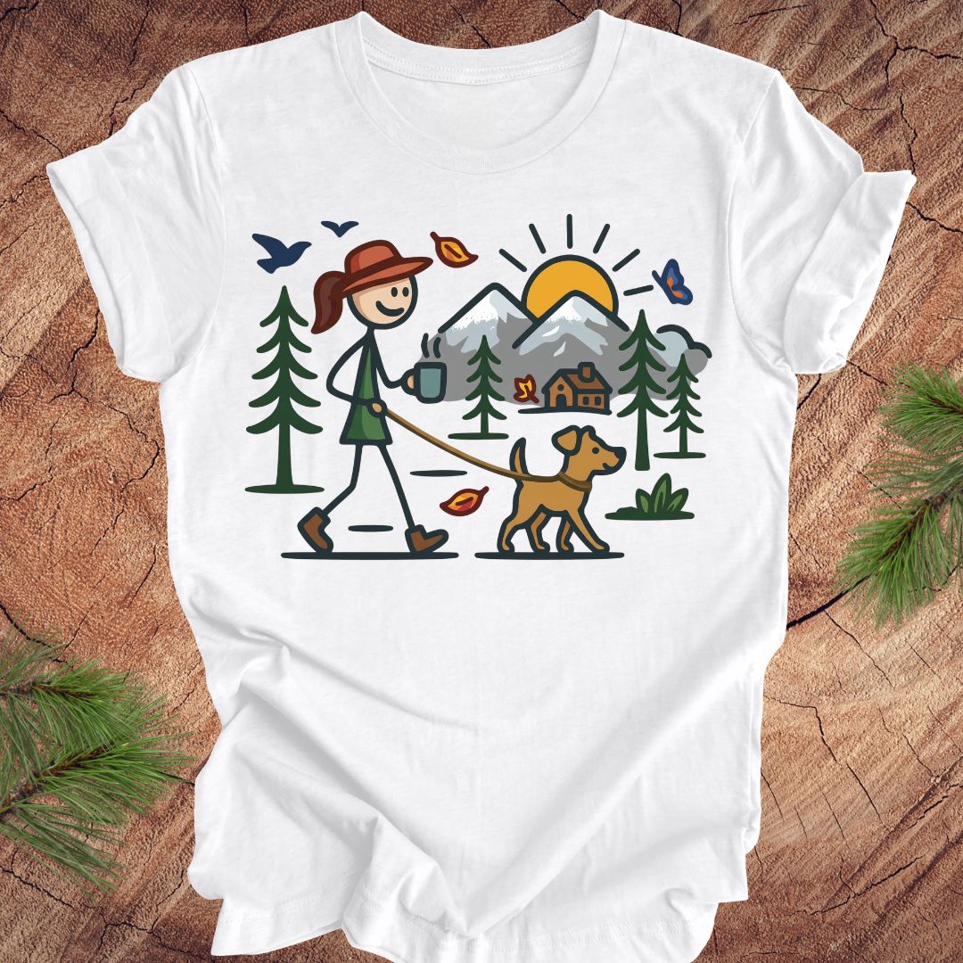 White t-shirt with a graphic of a person walking a dog in a forest on a wooden surface.