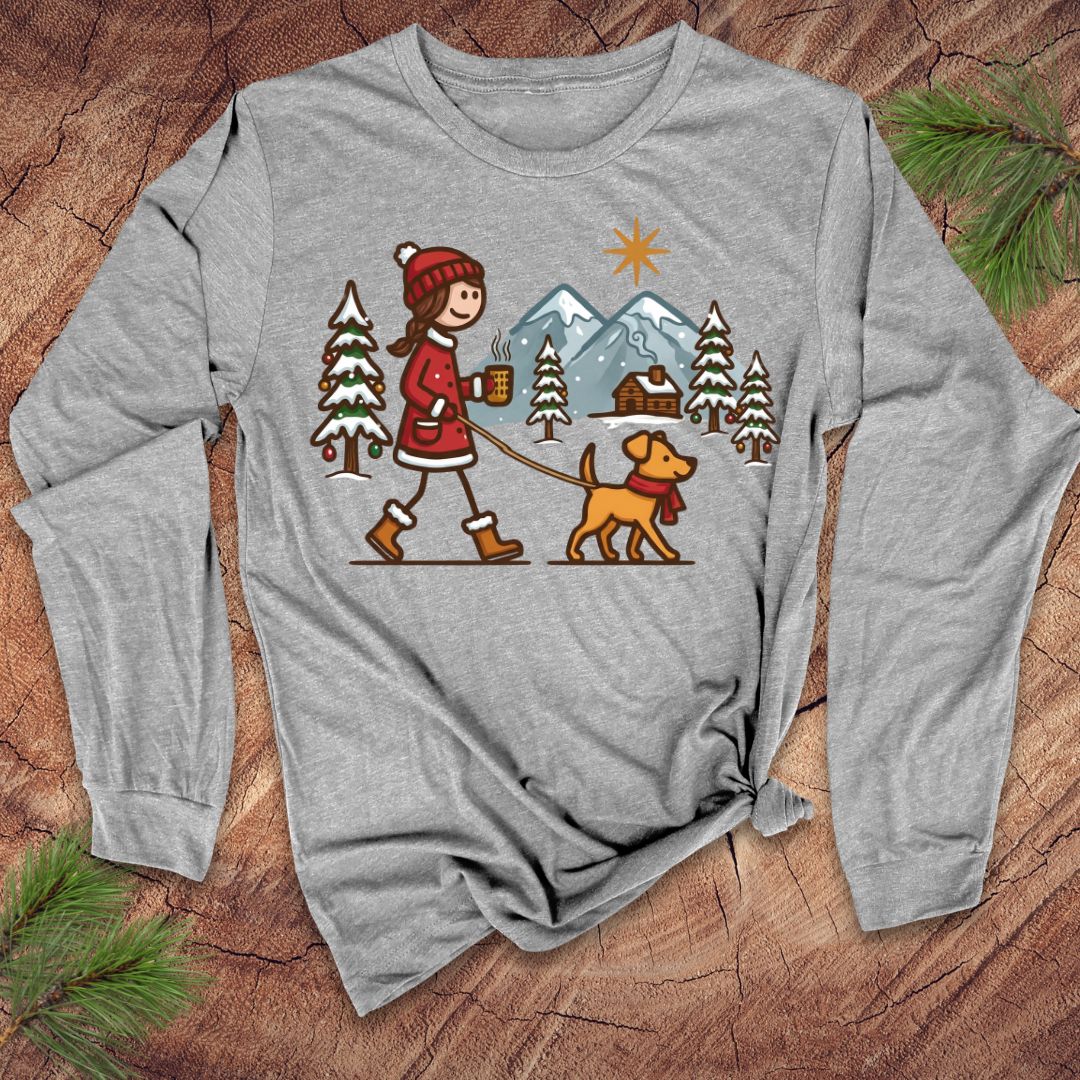 Gray long-sleeve shirt with a winter scene graphic featuring a person and dog on a leash.
