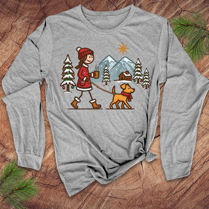 Gray long-sleeve shirt with a winter scene graphic featuring a person and dog on a leash.