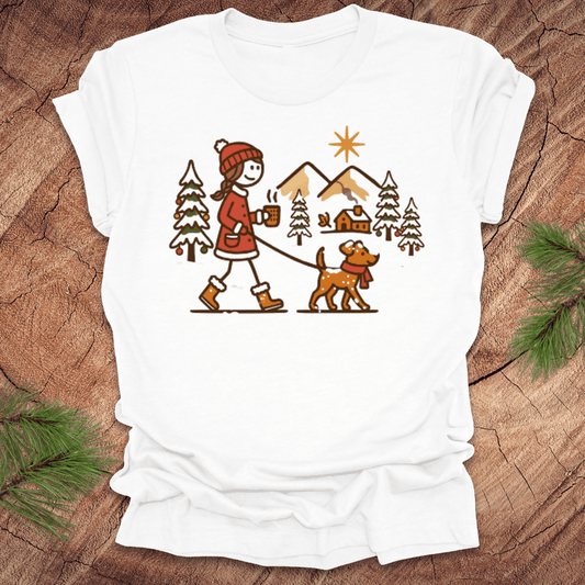 White t-shirt with a graphic of a person walking a dog in a winter scene on a wooden surface.