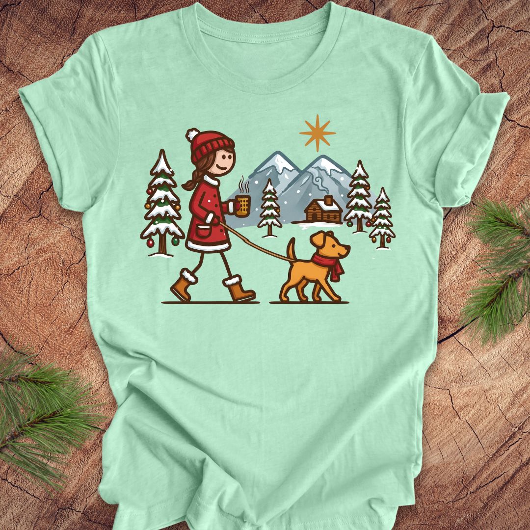 Light green t-shirt with a graphic of a person walking a dog in a winter scene on a wooden surface.