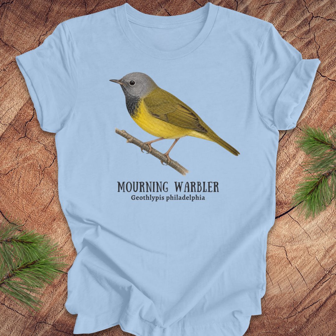 Light blue t-shirt with a mourning warbler illustration on a wooden surface