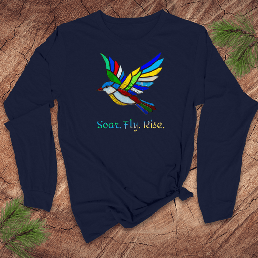 Navy long sleeve tshirt with a colorful bird design and 'Soar. Fly. Rise.' text on a textured brown background.