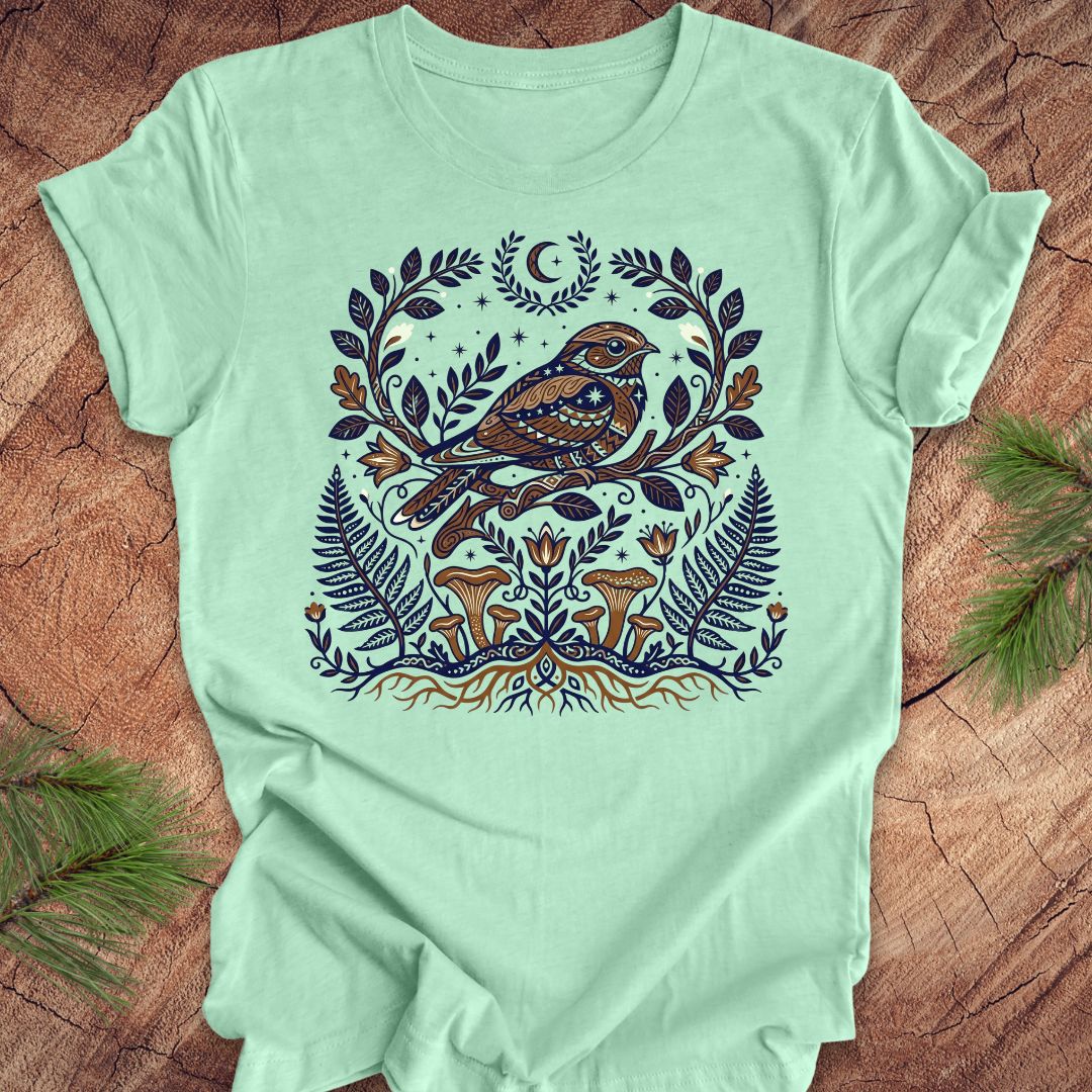 Light green t-shirt with a whip-poor-will and nature-themed design on a wooden surface.