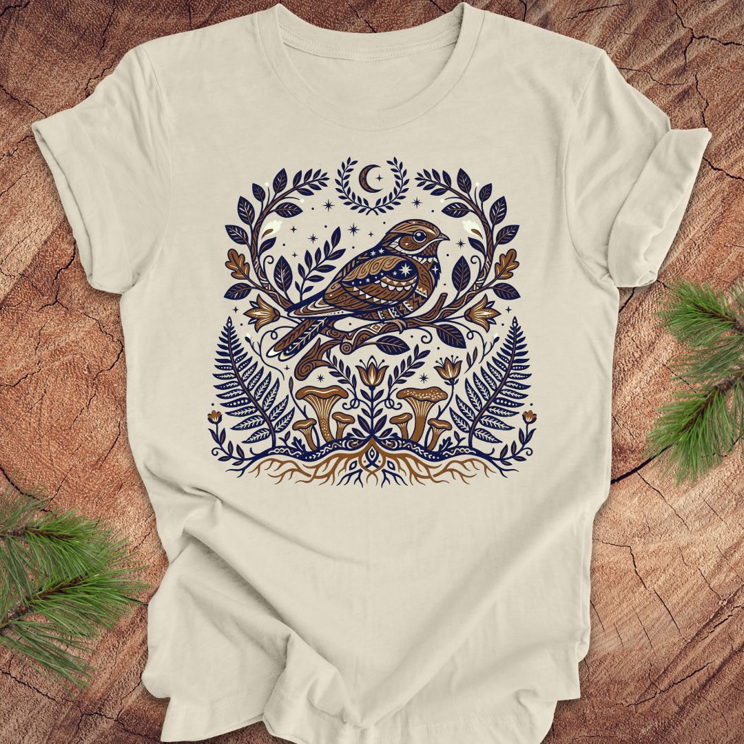 Beige t-shirt with a whip-poor-will and nature-themed design on a wooden surface.