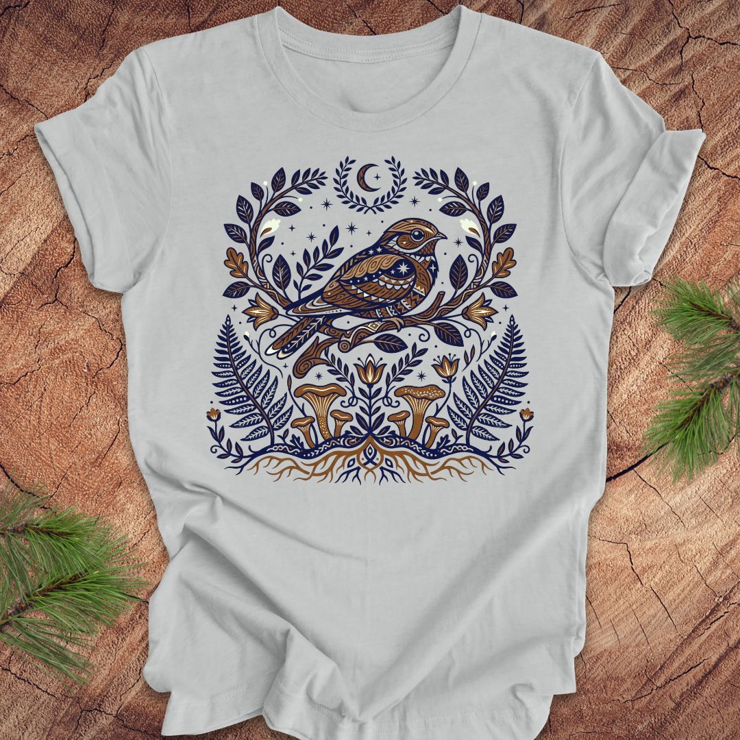 Silver t-shirt with a whip-poor-will and nature-themed design on a wooden surface.