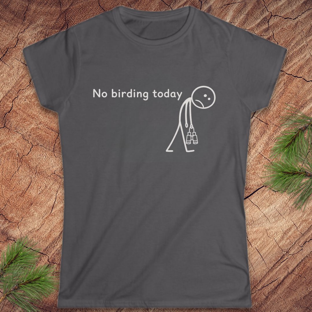 A dark gray short-sleeve t-shirt with a white graphic print that reads 'No birding today' next to a simple stick figure carrying birding bins. The shirt is displayed flat on a rustic wood background with pine needles in the corners.