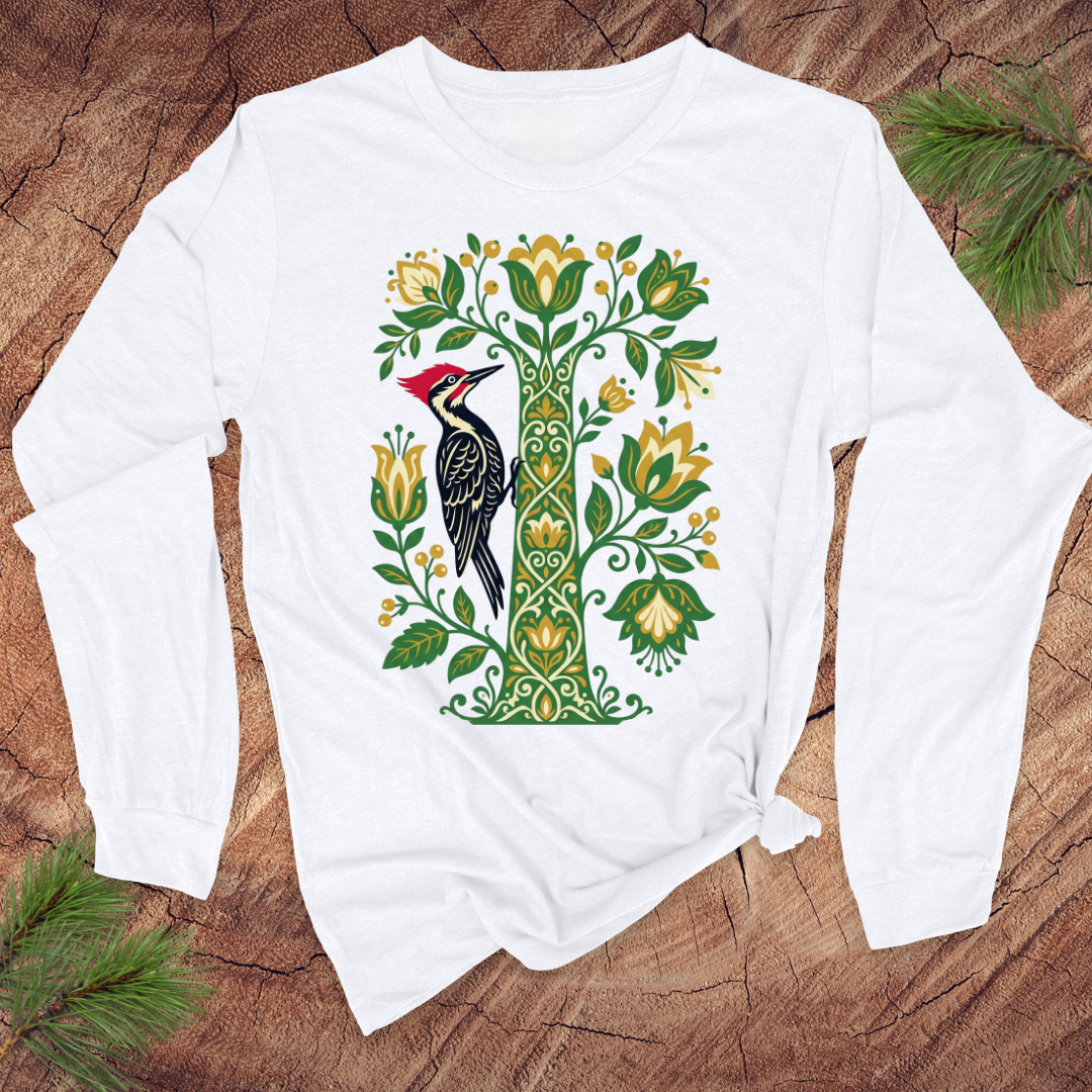 White long-sleeve shirt with a woodpecker and floral design on a wooden surface
