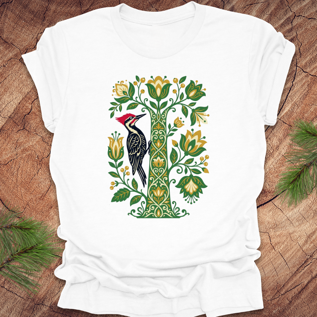 White t-shirt with a woodpecker design on a wooden surface