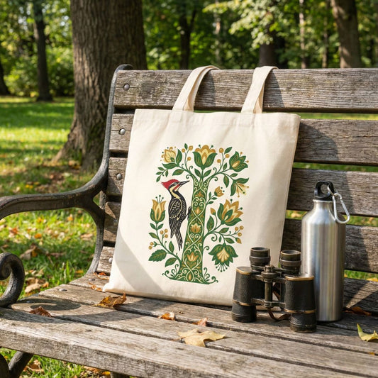Tote bag with nature-themed design on a wooden bench in a park.