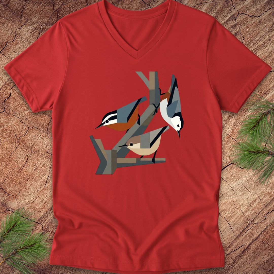Red v-neck t-shirt with nuthatch bird design on a wooden surface