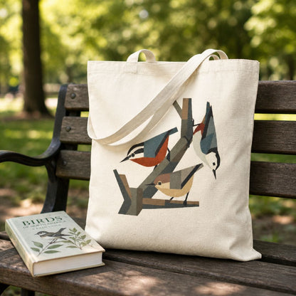 Tote bag with nuthatch design on a wooden bench in a park
