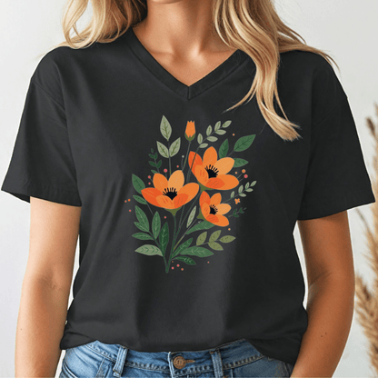 Person wearing a black t-shirt with orange floral design