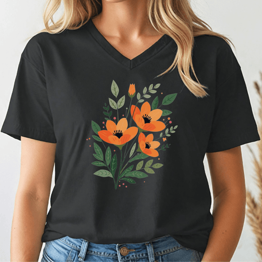 Person wearing a black t-shirt with orange floral design