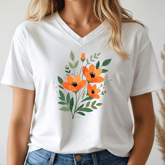 White t-shirt with orange floral design worn by a person