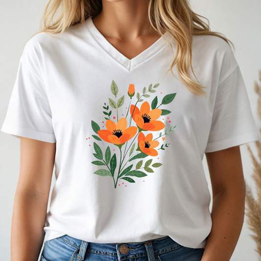 Orange Bouquet V-Neck — White, Size L (Final Sale)