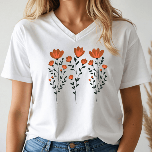 Orange Flowers V - neck Tee - Wandering Owl Adventure Gear