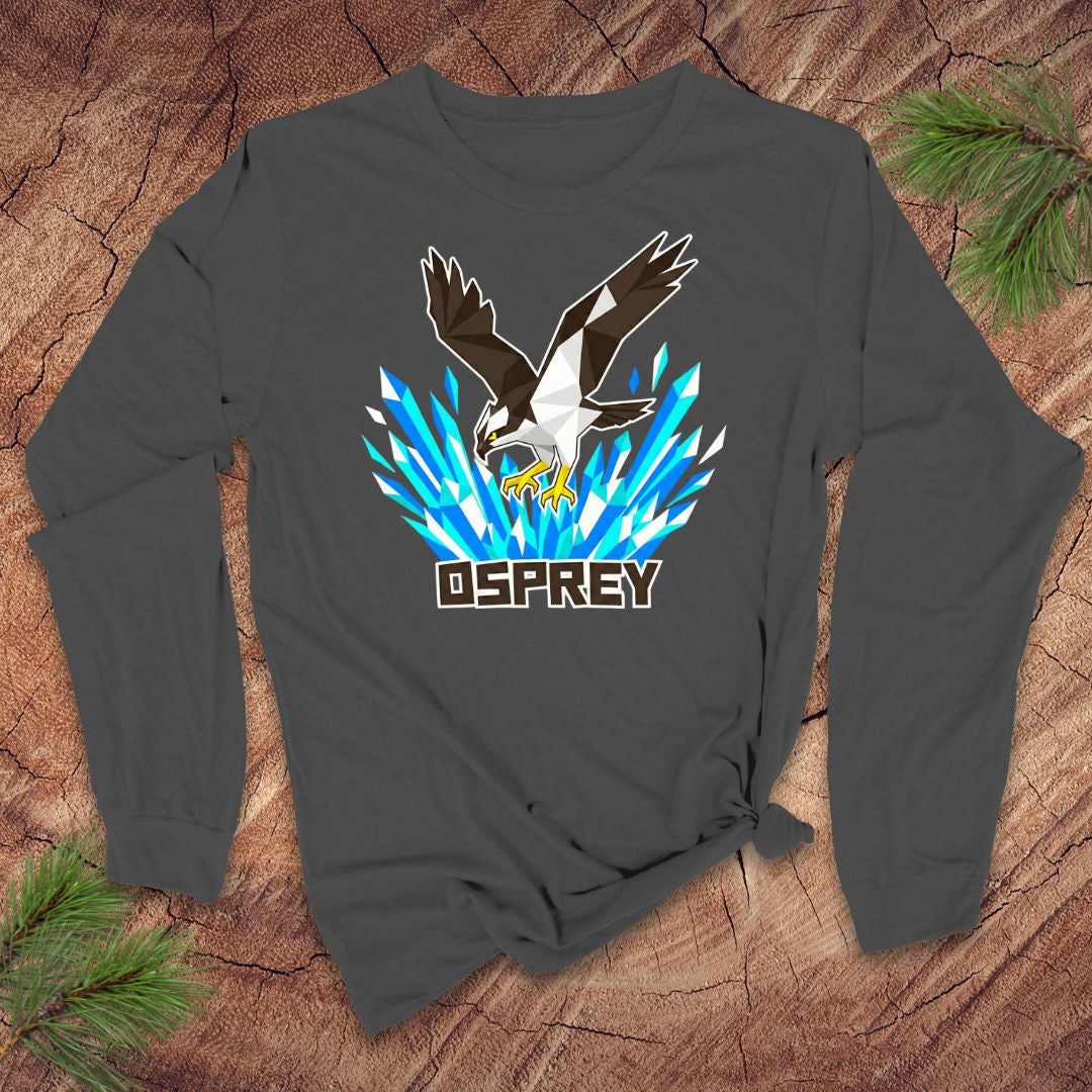 Asphalt colored long-sleeve shirt with osprey design on a wooden surface