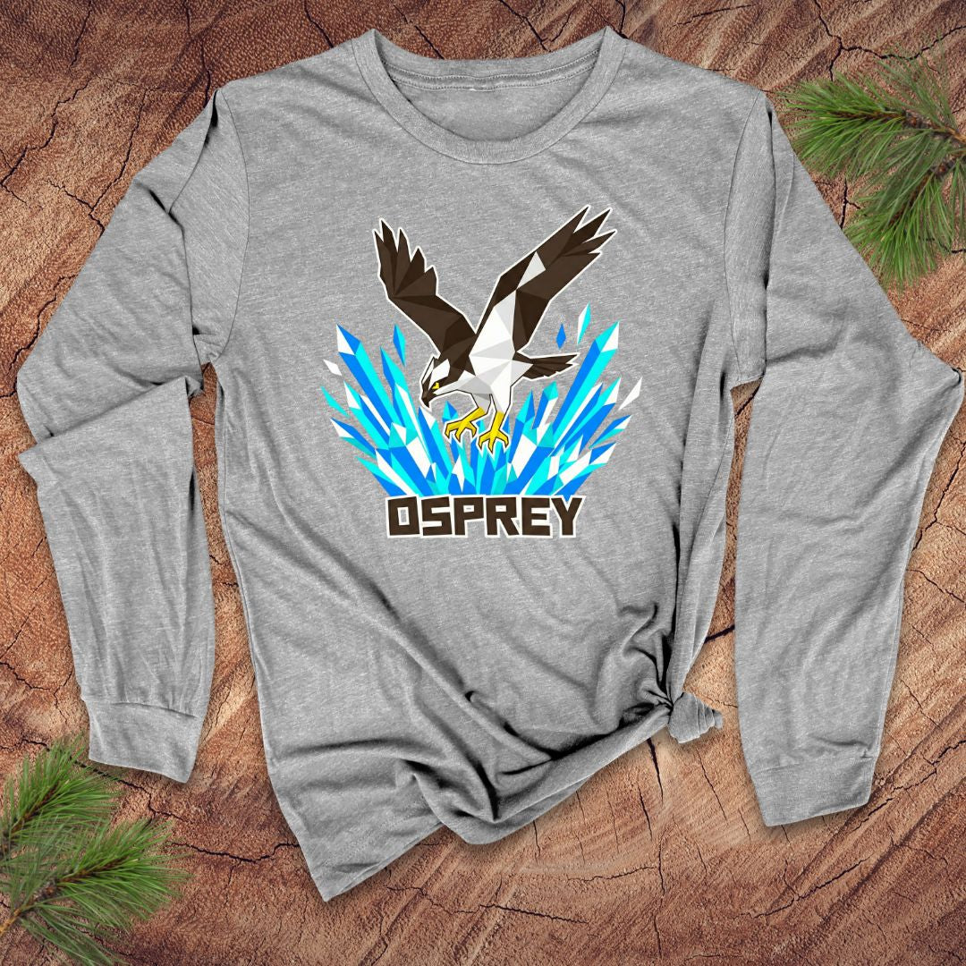 Gray long-sleeve shirt with osprey design on a wooden surface