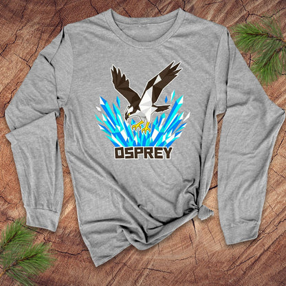 Gray long-sleeve shirt with osprey design on a wooden surface