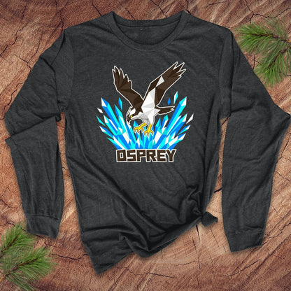 Dark long-sleeve shirt with an osprey design on a wooden surface