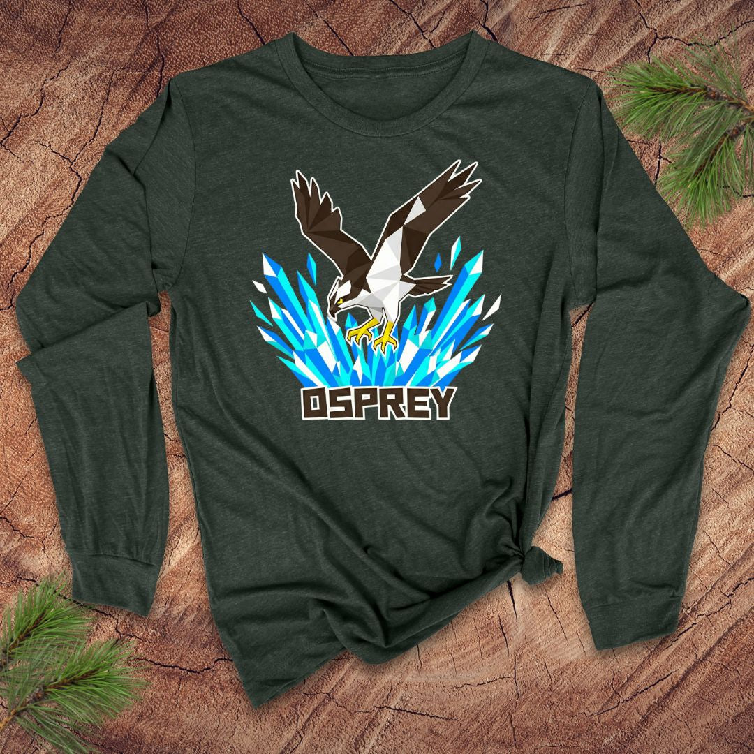Green long-sleeve shirt with osprey design on a wooden surface