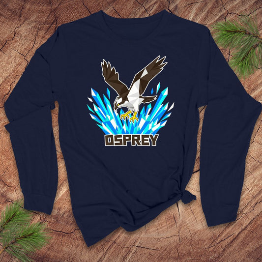 Navy blue sweatshirt with osprey design on a wooden surface