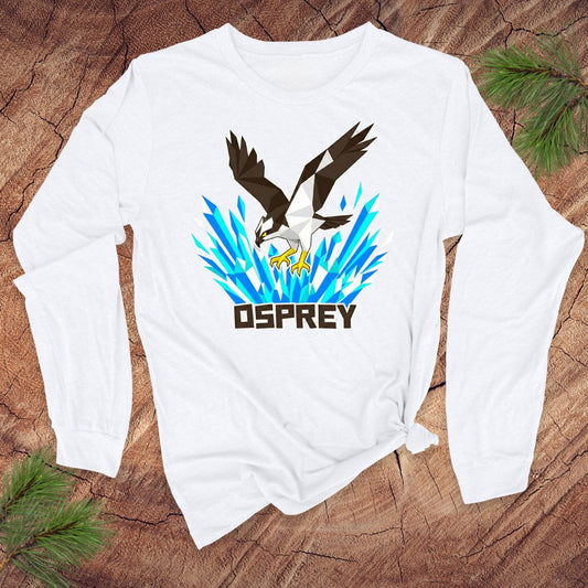 White long-sleeve shirt with osprey design on a wooden surface