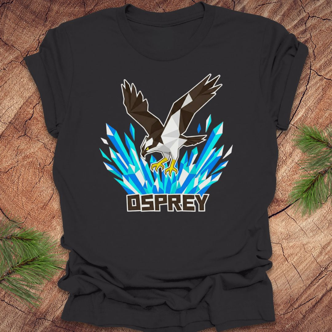 Dark gray t-shirt with an osprey design on a wooden surface