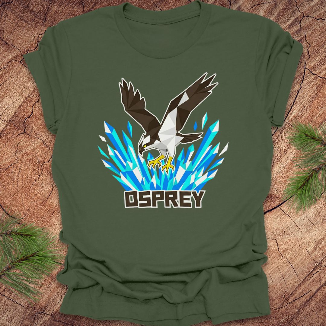 Green t-shirt with an osprey graphic on a wooden surface
