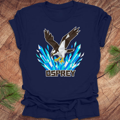 Navy blue t-shirt with osprey graphic on a wooden surface
