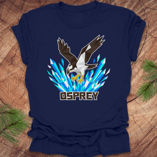 Navy blue t-shirt with osprey graphic on a wooden surface