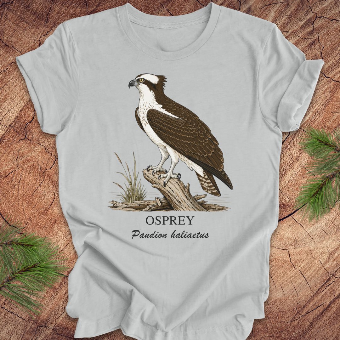 Gray t-shirt with osprey illustration and text on a wooden surface