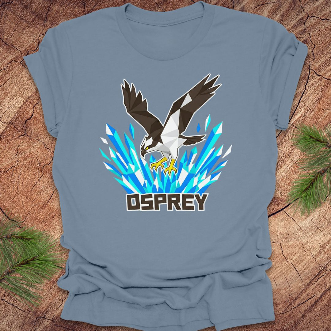 Steel blue t-shirt with an osprey graphic on a wooden surface