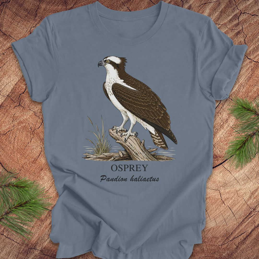 Blue t-shirt with osprey illustration and text on a wooden surface