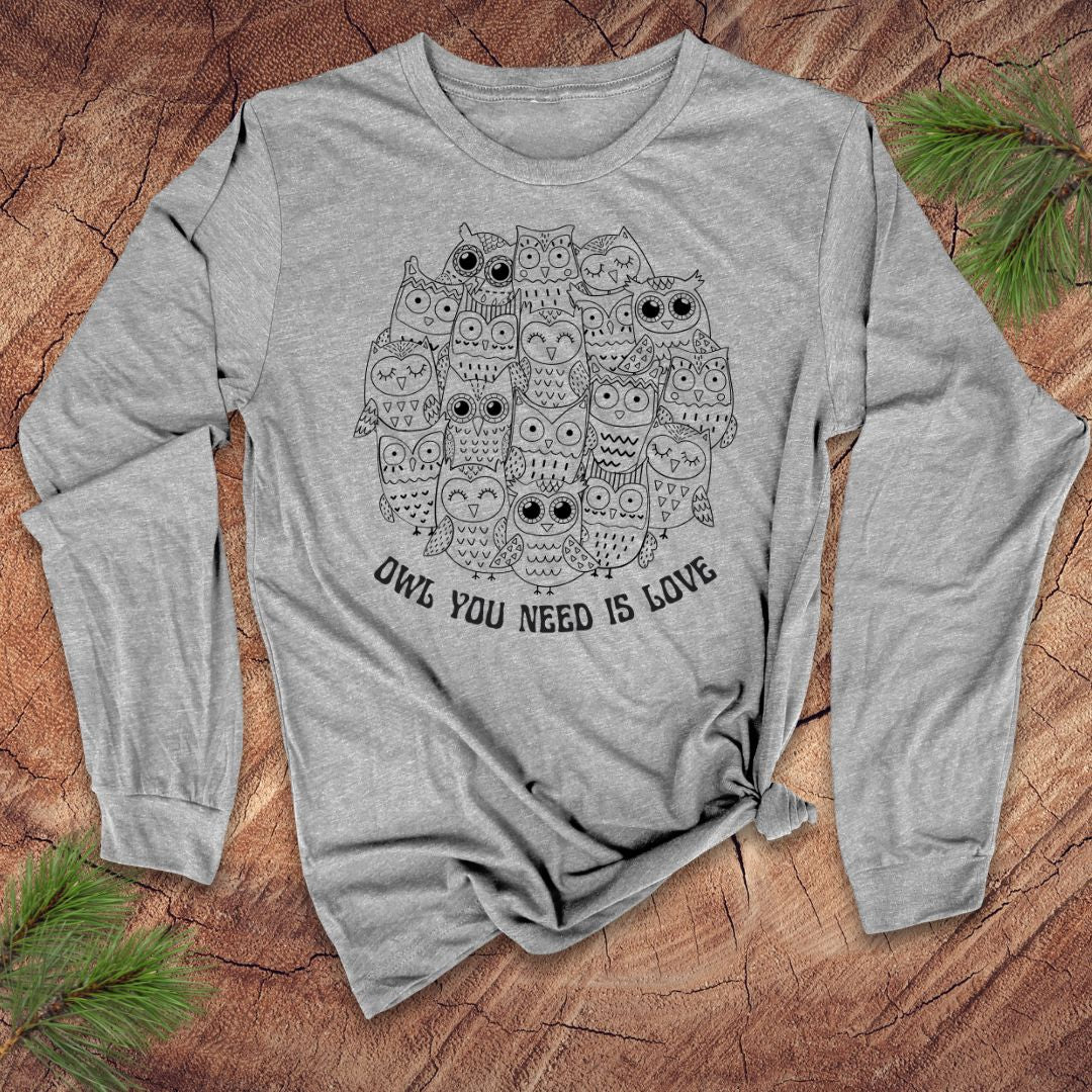 Grey long-sleeve t-shirt with owl design and text, 'Owl you need is love' on a wooden surface