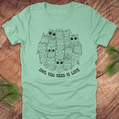 Mint green t-shirt with owl design and text 'OWL YOU NEED IS LOVE' on a wooden surface.