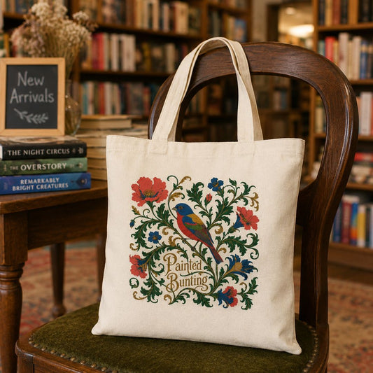 Canvas tote bag with a floral and painted bunting bird design, sitting on a chair in a book store. 