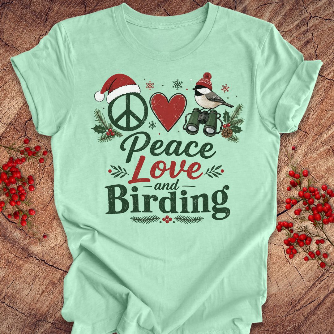 A mint green graphic t-shirt laid flat on a rustic wood background decorated with red berries. The shirt features a festive holiday birding design with a peace sign wearing a Santa hat, a red heart, a chickadee on binoculars, and the text 'Peace Love and Birding'.