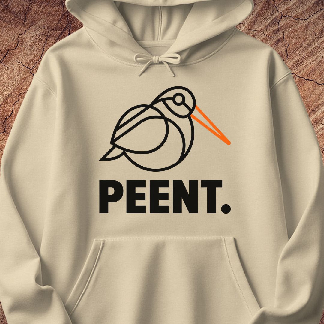 A cream-colored hoodie featuring a minimalist black line art bird with a bright orange beak and the word 'PEENT.' printed below in bold black letters.