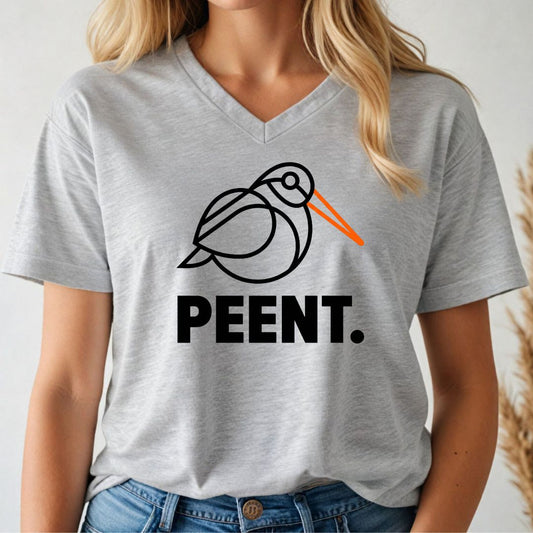 Person wearing a gray v-neck t-shirt with a woodcock graphic and 'PEENT.' text.