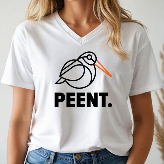Person wearing a white v-neck t-shirt with a woodcock graphic and 'PEENT.' text.