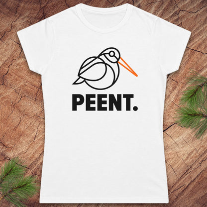 White t-shirt with a woodcock graphic design and the word 'PEENT.' on a wooden surface.
