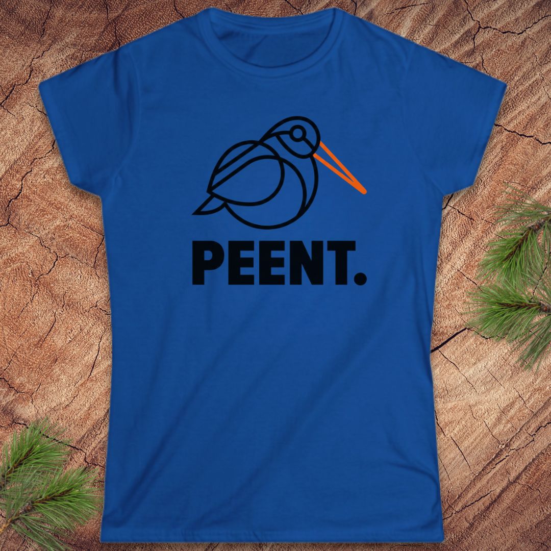 Blue t-shirt with a woodcock graphic design and the word 'PEENT.' on a wooden surface.