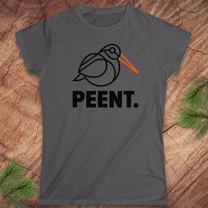 Dark gray t-shirt with a woodcock graphic design and the word 'PEENT.' on a wooden surface.